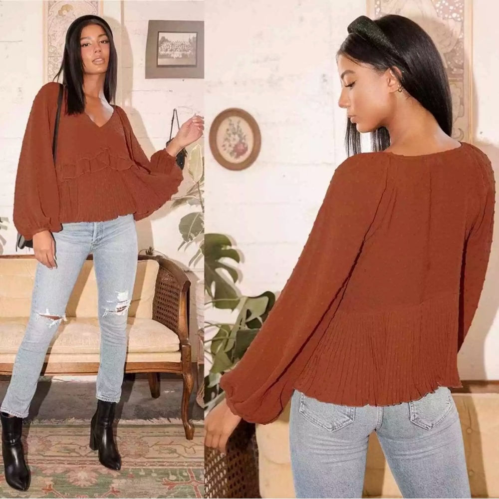 Lulus Size S Top Thrills & Frills Rust Orange‎ Ruffled Long Sleeve Blouse NEW
